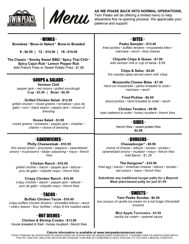 Twin Peaks Menu with Prices Updated Twin Peaks Menu Picture